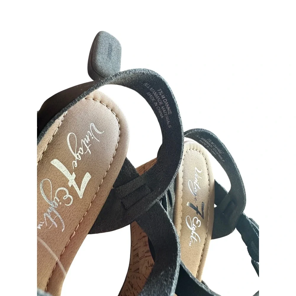 Vintage 7‎ Eight Dannie Wedge Sandals Womens 7.5 Black Cork Platform Excellent